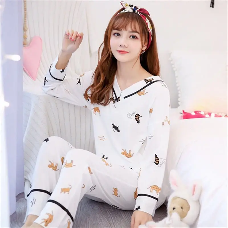 

Womens Pajamas Sets Round Neck Cartoon Spring Printed Totoro Kawaii Cartoon Sleepwear Nighty Female Casual Autumn Winter Pajamas