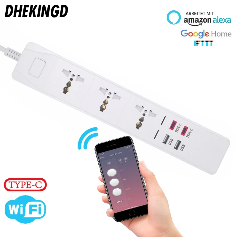

Wifi Smart Power Strip with Universal 3 Socket 2 USB 2 Type-c Charging Station Work with Alexa Google Home UK/AU/EU/US/SA Plugs