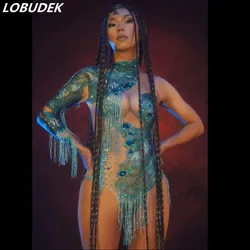 Sexy Pole Dancing Single Sleeve Bodysuit Blue Tassel Crystal Rhinestones Elastic Skinny One Shoulder Leotard Nightclub Costume