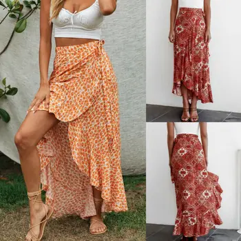

Women Ladies High Waist Plain Ruffle Long Skirt Summer Beach Swimwear Cover Long Dress Party Boho Maxi Dress Size 6-14