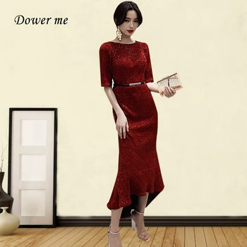 

Prom Dresses Mermaid GK150 O-neck Half Sleeve Prom Dress 2020 Tea Length Vestido De Fiesta Shining Sequins Formal Gowns