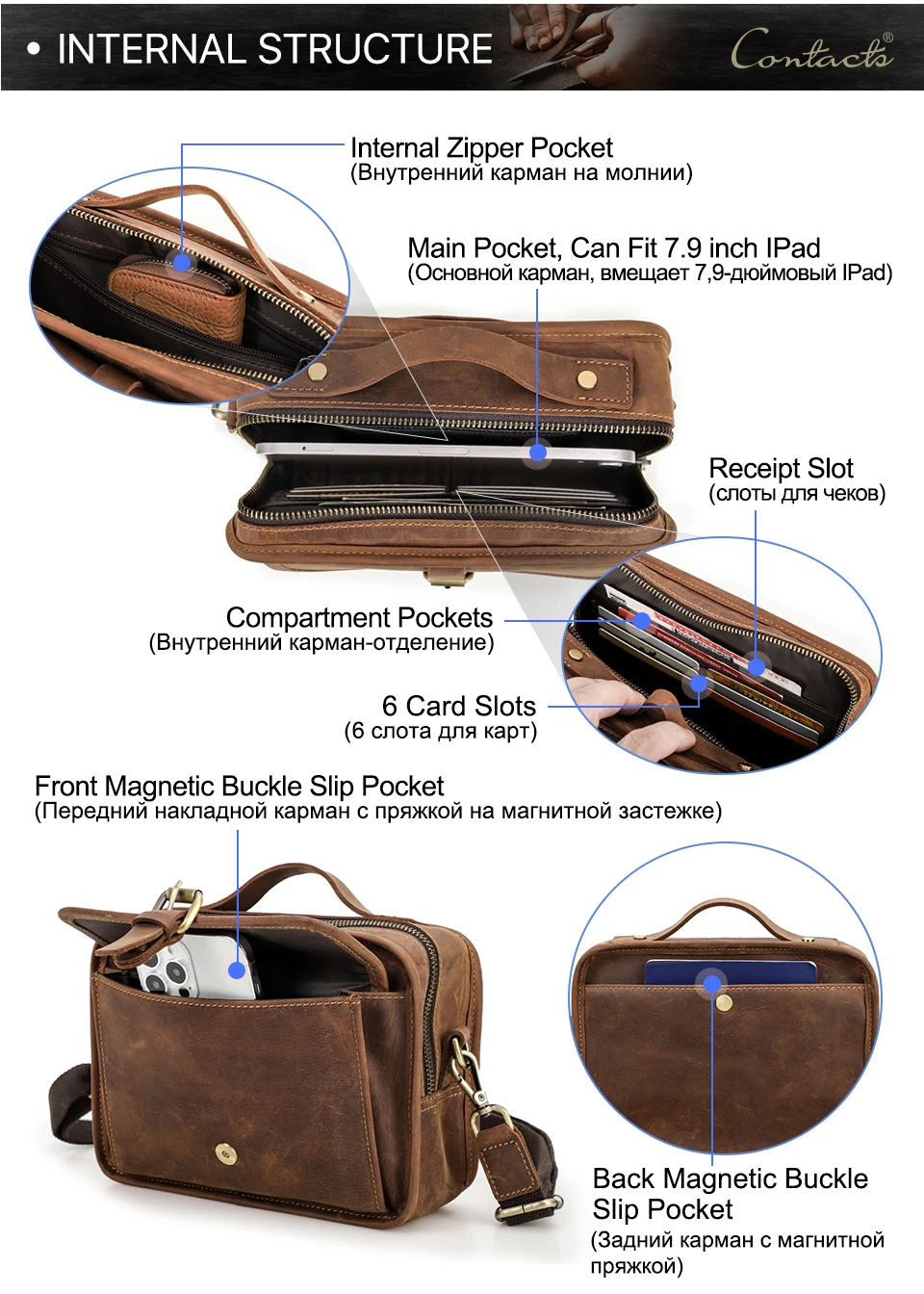 Crazy Horse Leder Männer Schulter Taschen Casual Mann Kleine Handtasche für 7.9 "ipad Umhängetasche Tragbare telefon tasche Männlichen messenger Tasche – Detail 7