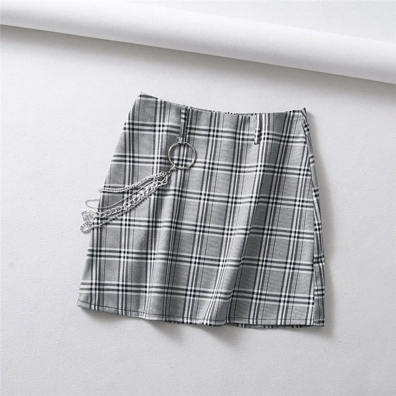 Plaid 3 UIDEAZONE, Готическая клетчатая цепочка, а-силуэт, женские мини юбки, высокая талия, хип-хоп стиль, юбка с запахом для девочек, выше колена, с поясом, Готическая уличная одежда - Цвет: Plaid 3