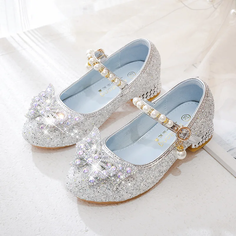 Princess Girls High Heels Children Dance Single Girl Crystal Bowknot Rhinestone Beaded Leather Shoes leather shoes girls shoes girls high heel shoes