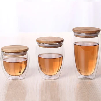 

Double Wall Glass Tea Cup Coffee Mugs Transparent Insulation Glasses Cups With Bamboo Lid Creative Vaso Caneca Beer Wine Verre