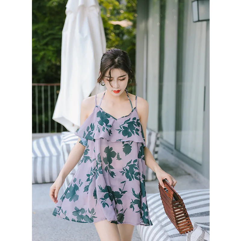 

Bathing Suit Women's Three-piece Set Bikini Split Skirt-Conservative Belly Covering Small Bust Gathering Graceful Hot Springs To