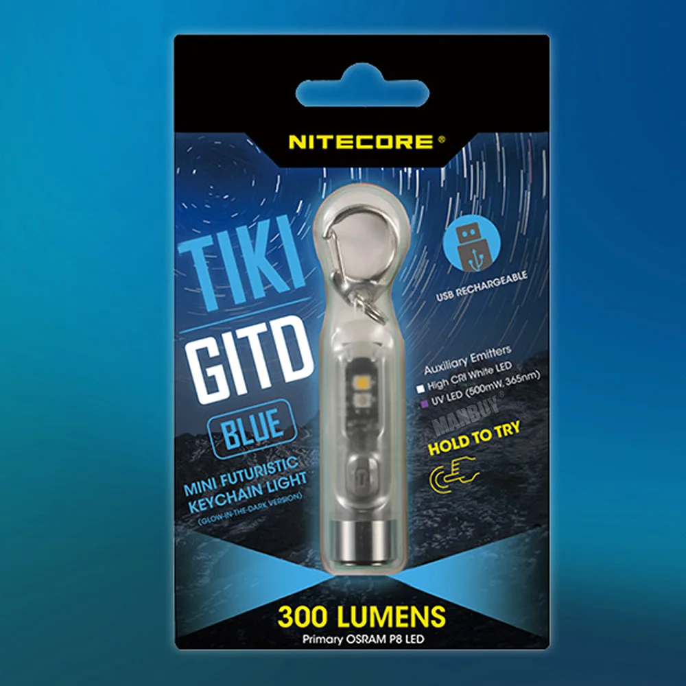 Nitecore TIKI GITD BLUE TIKILE 3 Colors Light Rechargeable LED Keylight P8 300LM  Built-in Battery Pack Mini Poket Flashlight