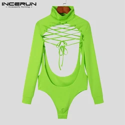 INCERUN Comfortable Homewear Men Sexy Stretch Hollow Out Jumpsuits Backless Rompers High Collar Undershirt Jumpsuits S-5XL 2021