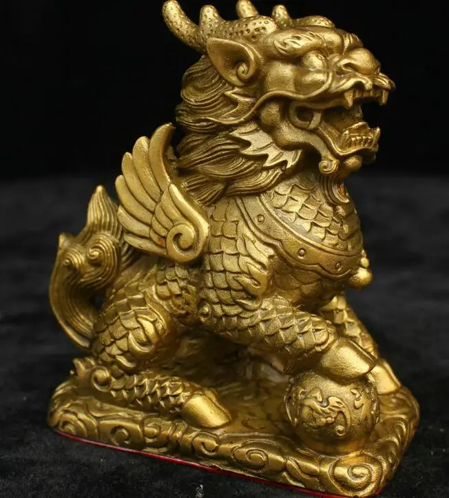 Китайская желтая Бронзовая статуя Fengshui крыло чудовище Кирин цилин КИЛИНА 4 8