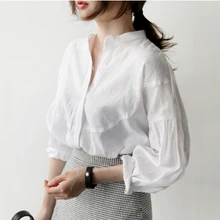 Корейские модные женские свободные белые рубашки с длинными рукавами, универсальные повседневные хлопковые льняные блузки, женские блузы, большие размеры, топы S153