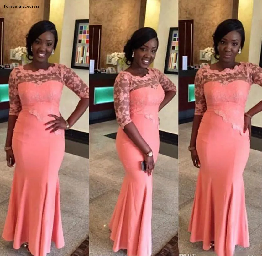 Half Sleeve Mermaid Bridesmaid Dresses Sheer Jewel Lace Appliques Floor Length Hot Pink Maid of the Honor Wedding Guest Dress Plus Size  90