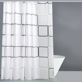 

PEVA White Square Thick Shower Curtain With Hooks Waterproof Mildew Resistant Bath Curtain Durable High Quality Bathroom Curtain
