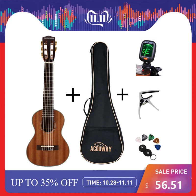 Cena Acouway 28 cal gitara Guitalele Guitarlele ukulele Sapele ciała 6 Strings 18 progi klasyczne pokrętło z opcjonalnym torba, tuner, capo