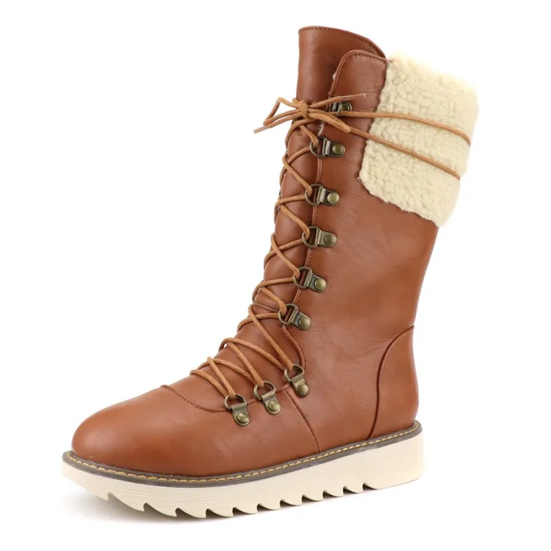 PXELENA Women Mid Calf Boots Flat Platform Comfort Casual Shoes Lace Up Riding Knight Military Combat Biker Booties 34-43