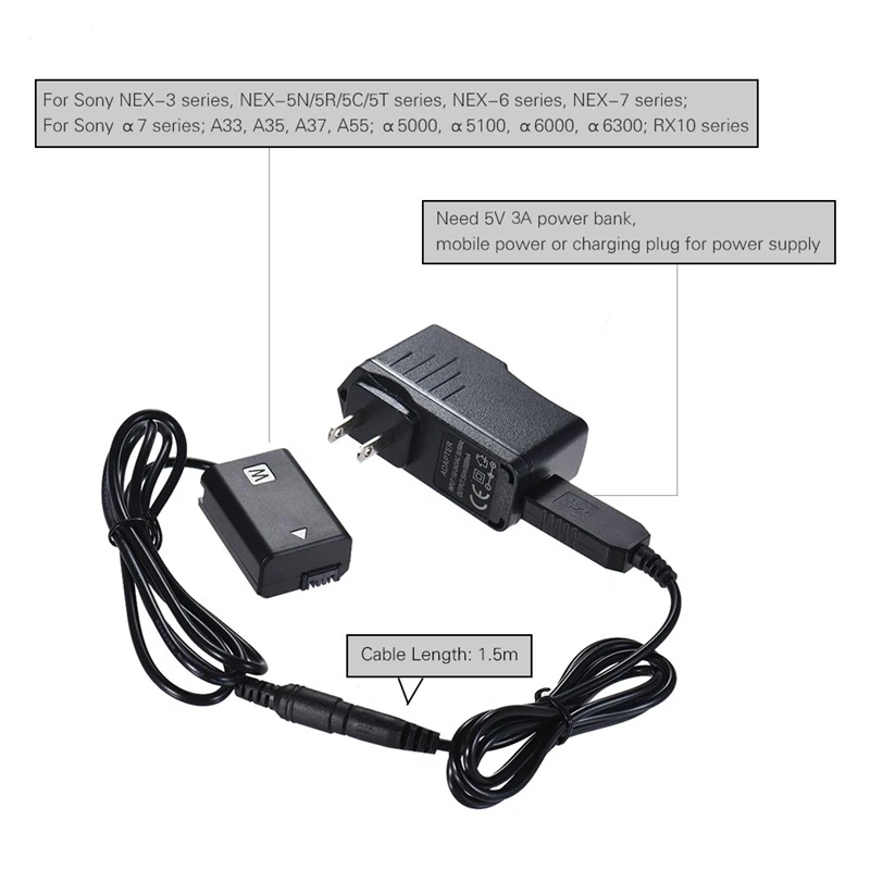 Np-Fw50 манекен Батарея+ 5V 3A Usb Мощность кабель-переходник с Мощность разъем Замена для Ac-Pw20 для sony Nex-3/5/6/7 серии A33 A3