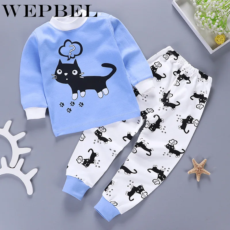 WEPBEL/Детские пижамные комплекты с героями мультфильмов хлопковый костюм для сна для мальчиков теплые пижамы для девочек топы с длинными рукавами+ штаны, 2 предмета, одежда для детей
