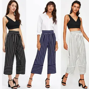 

Women Boho Wide Leg Palazzo Loose Pants Striped Trousers Ladies High Waist Stretchy Black White Dark Blue Stripe Long Pants