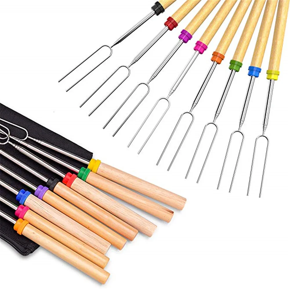 

8 Pcs/Set Wooden Handle BBQ Forks Stainless Steel Telescopic Extendable Fork Dinner Party Dessert Fruit Fork Kitchen BBQ Tools