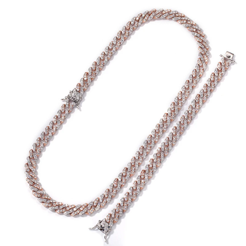 Rose Gold Хип хоп 1 комплект 8 мм Bling Iced Out Циркон полный горный хрусталь ожерелье геометрический AAA CZ камень кубинская цепь браслет для мужчин ювелирные изделия - Окраска металла: Rose Gold