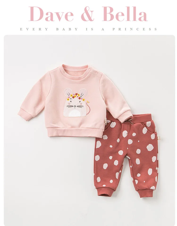 DBZ11578 dave bella/Осенняя модная одежда в горошек с цветочным рисунком для маленьких девочек детские милые комплекты с длинными рукавами детский костюм из 2 предметов