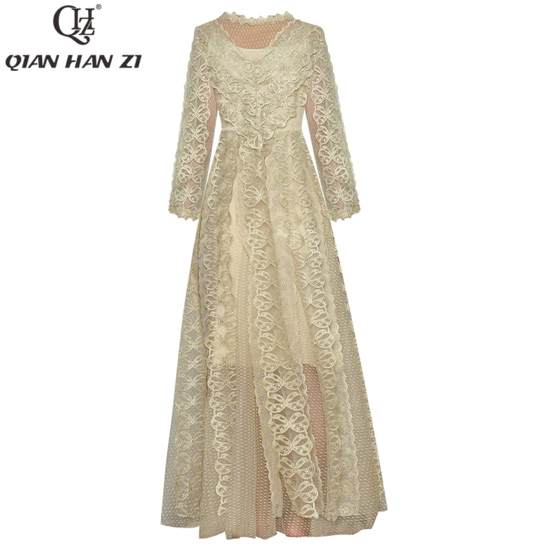 

Женское длинное кружевное платье Qian Han Zi, дизайнерское подиумное Платье макси с длинным рукавом и бантом, элегантное праздвечерние чное платье с аппликацией, весна-лето 2021