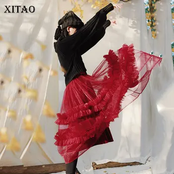 

XITAO 2020 Early Spring Skirts Womens Red Mesh Skirt Elegant Fashion Velvet Lining Cake Skirt Wild Trend Women Clothes XJ3548