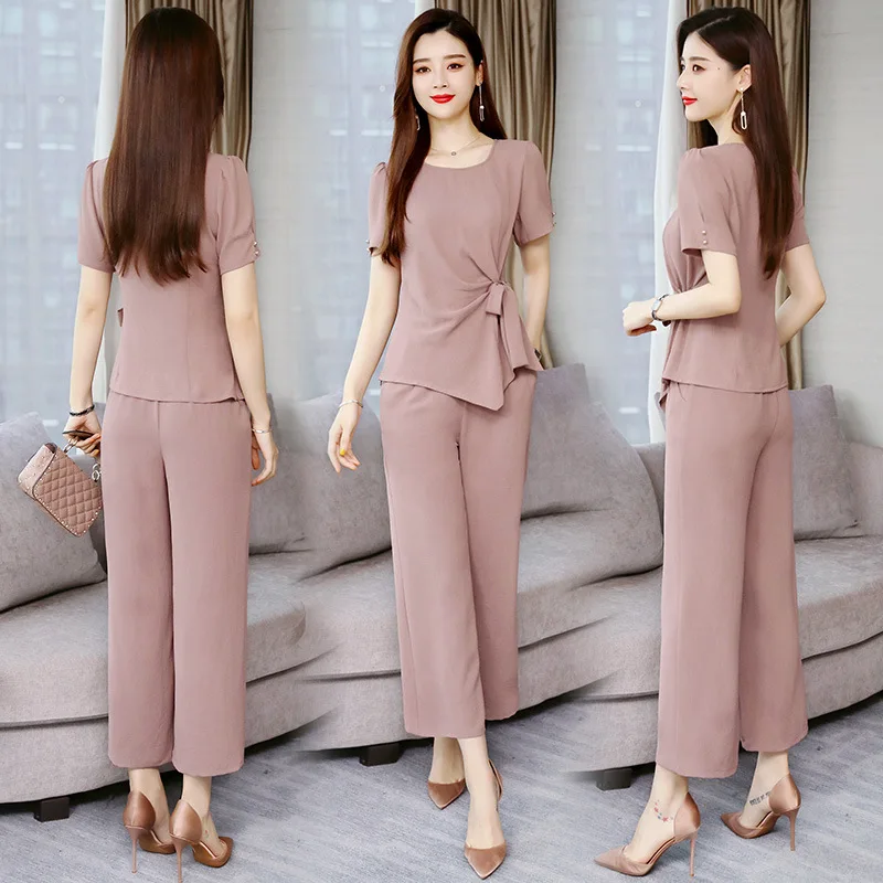 

Solid Color 2019 Summer Crew Neck Fashion Comfortable Elegant Short Sleeve Simple Versatile Set