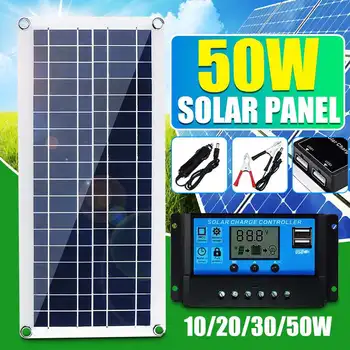 

50W Solar Panel 12V 5V USB Portable Solar Panel Cells+ 10/20/30/50A Controller for Car Yacht RV Charging Outdoor Emergency Light