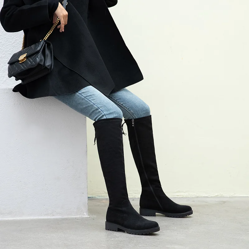 

Large Size Thigh Boot Women's over-the-Knee Boots Flat Elasticity Boots Slimming 2019 New Style Knee-High Boots Winter Semi-high