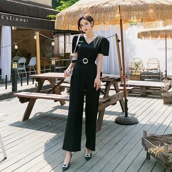 

Elegant Korean Formal Short Sleeve Office OL Jumpsuit Summer Women Notched Collar Work Wear Black Rompers Vintage Jumpsuits