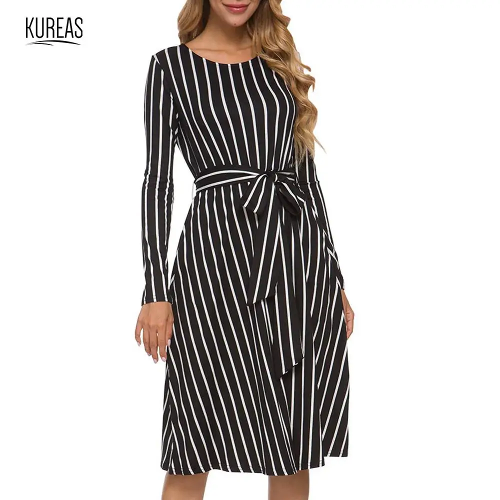 

Kureas Knitted Dress Women Autumn Winter Slim A Line Dresses Midi Casual Striped Design Long Sleeve with Waistband