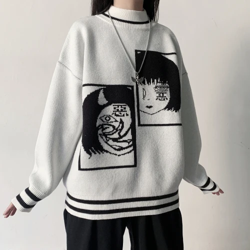 white pullover Woherb/зимняя одежда, водолазка с длинным рукавом, пуловеры с рисунком дьявола, контрастный цвет, свободный свитер для женщин, корейский стиль, новинка 91450 - Цвет: white pullover