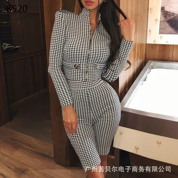 

New Houndstooth 2 Piece Set Women Zipper Coat Sexy Night Club Long Sleeve Casual Top High Waist Shorts Sport Wear Elegant Suit