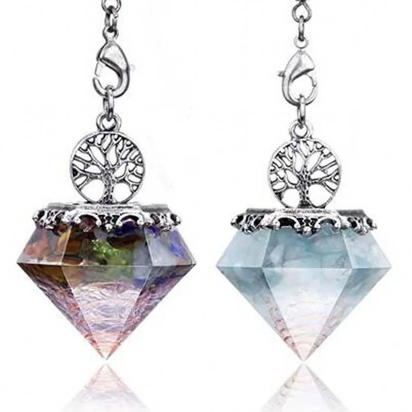 KFT Natural Crystal Stone Orgonite Orgone Hexagonal Pyramid Tree of Life Stone Pendant Pendulum Chain For Energy Amulet Jewelry