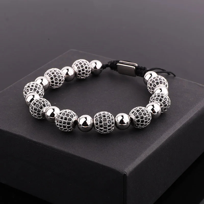 Luxury 10mm Black CZ Pave Ball Charm Macrame Adjustable Bracelet Men Jewelry Gift