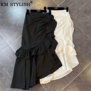

Women's Print Skirt Summer Fashion Clothes 2020 High Waist Slim Black Fishtail Skirt Long Bag Hips Irregular Ruffles White Skirt