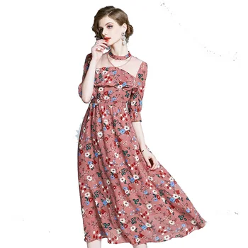

New Arrival 2020 Women Spring Sexy Gauze Patchwork Big Hemline Dress Female Elegant Slim V Neck Printing Ankle Length Dresses