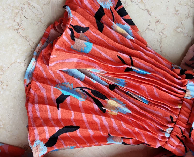 Богемия красное печатание слоистые складки длинное платье женский саркофейный пляж