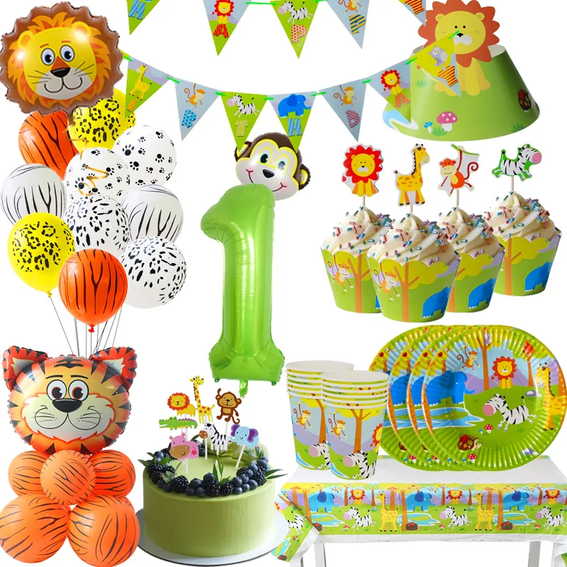 

Animal Jungle Balloons Party Tableware Safari Kids Birthday Plate Cups Hats Animal Jungle Garland Party Baby Shower Decorations