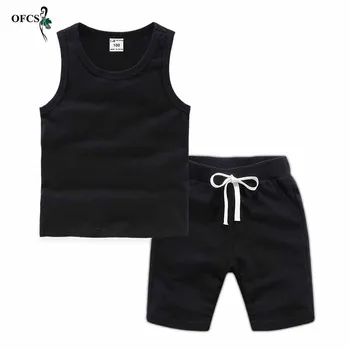 

Summer Retail Children's Suit Baby Vest T-shirt Suit Boy Cotton Solid Sleeveless Tees + Beach Shorts Children's Casual Suit 2pcs