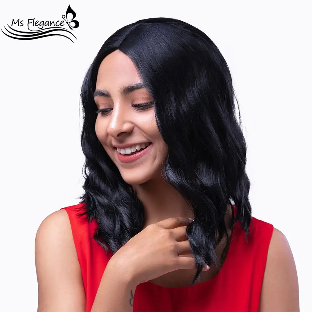 

MS FLEGANCE Black Short Water Wavy Wig for Women Cosplay Lolita Wig Synthetic Natural Heat Resistant Green Pink Daily Party Wig