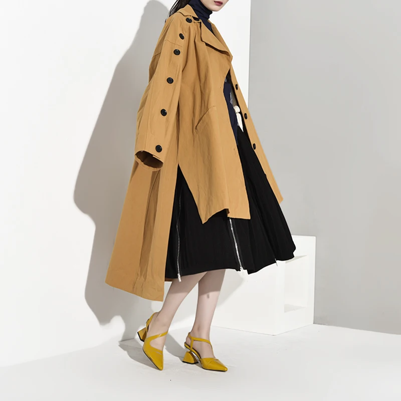

LANMREM 2019 New Autumn And Winter Turn-down Collar Single Breasted Buttons Yellow Jacket Female Windbreaker YA05207