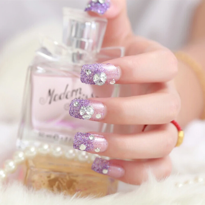 Useful 24 Pcs/Set Purple Bride Full Nails Tips Bright Shining 3D Diamond Rhinestone Fake Nail For Women Nail Art