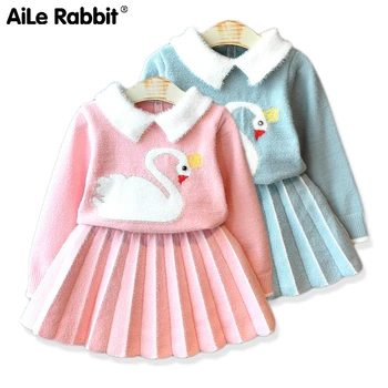

2019 Autumn And Winter New Girls Cartoon Crystal Velvet Swan Sweater Knit Suit Long Sleeve Top Skirt 2 Piece Set Cute Princess