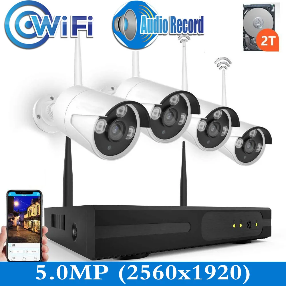 5MP White system 4CH NVR Wi-Fi система 4CH 5MP CCTV(2560x1920) Wifi камера система видеонаблюдения Комплект H.265 беспроводной штекер и воспроизведение аудио записи - Цвет: 5MP White system