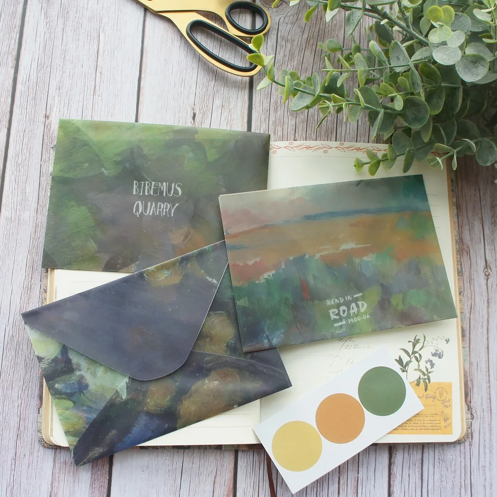 

10.5*14.7cm 3pcs Deep Green Oil Painting Design Envelop As Postcard Message Card Invitation Envelop Transparent and Seal Sticker