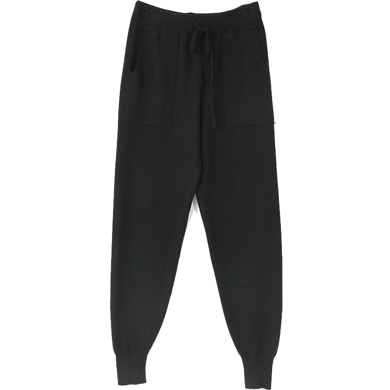 Черный SAM'S TREE Black Solid Drawstring Waist Haren Pants Women Winter Gray Pure Straight Tight Leg Office Ladies Daily Trousers - Цвет: Черный
