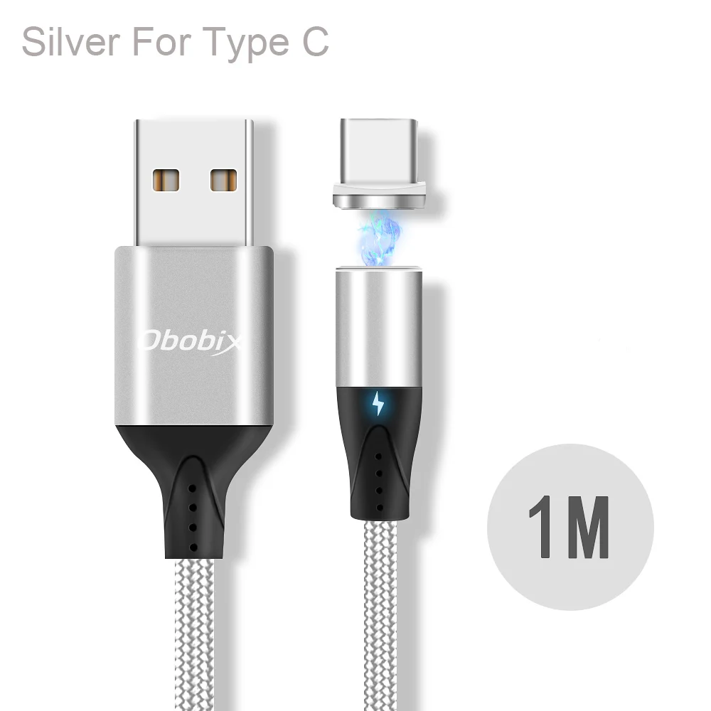 Магнитный кабель Obobix USB type C для зарядки Xiaomi Redmi Note 7 8, кабель для передачи данных usb type C, магнитный кабель для быстрой зарядки телефона - Цвет: Silver