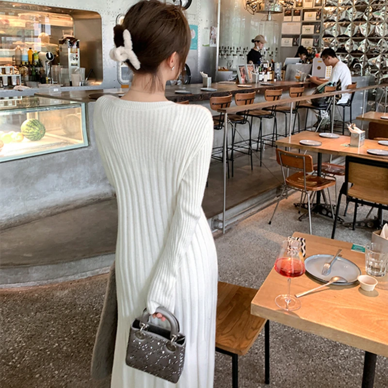 Autumn Winter O-neck Twisted Long Knit Dress Women Casual Loose Thick Sweater Dress Female Knitted Vestidos