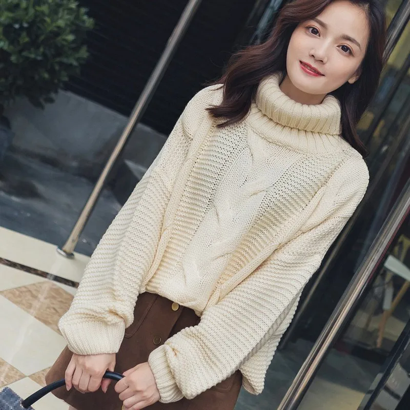 Осенне-зимний свитер с высоким воротом, свободный Женский вязаный пуловер, корейский розовый желтый бежевый джемпер, топы